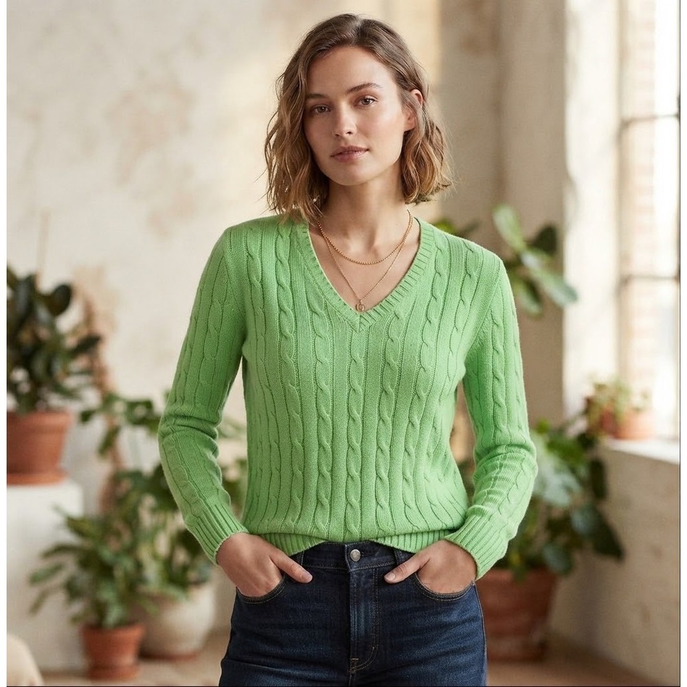 Cherokee Women's Cable Knit Sweater Vibrant Lime Green Pullover Ribbed Size XL